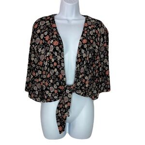 Pink Rose Black Floral Tie-Front Flutter Sleeve Shrug Kimono